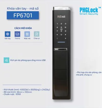 Khóa cửa vân tay cho căn hộ sang trọng PHGLOCK FP6701